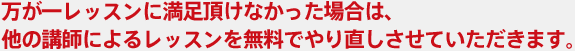 万が一レッスンに満足いただけなかった場合は、他の講師によるレッスンを無料でやり直しさせていただきます。